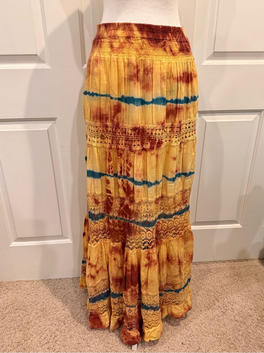 Earthbound Trading Co Tie Dye Boho Maxi Skirt Small Lace Tiered - Picture 6 of 8